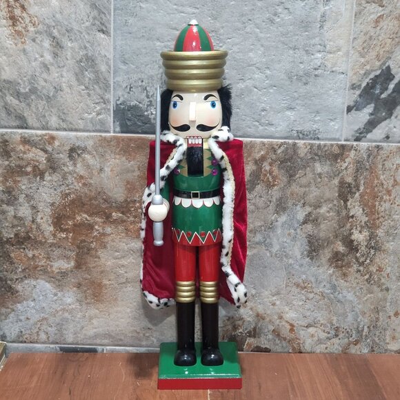 Wooden Nutcracker Red Velvet Cape 24 Inch Tall Green Base - Picture 1 of 12